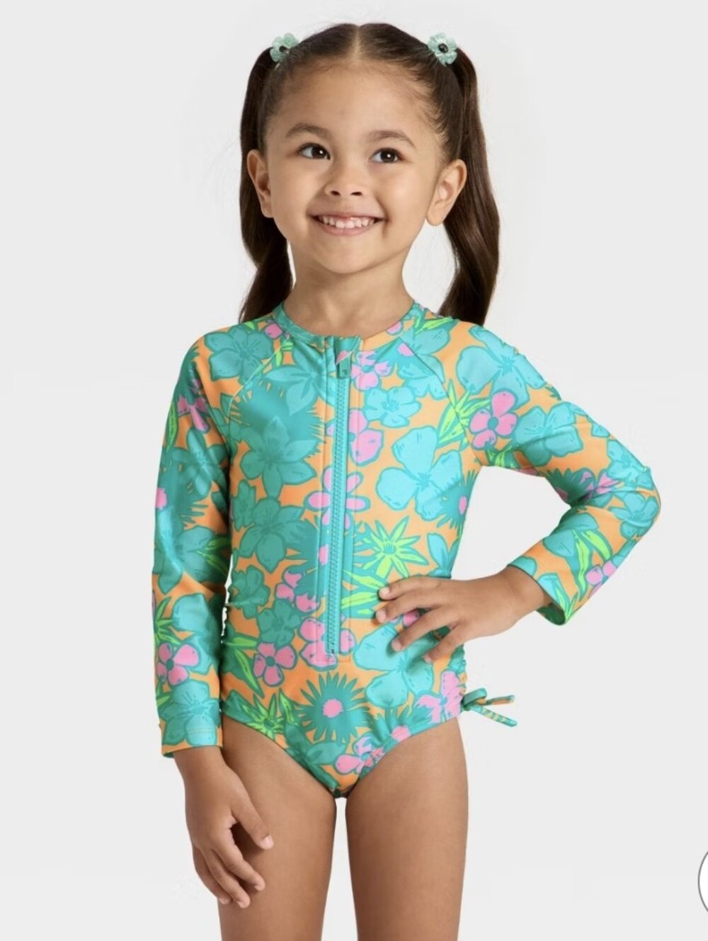 Cat & Jack Girls' Long-Sleeve Floral Rashguard Swimsuit - Teal, Orange, Pink